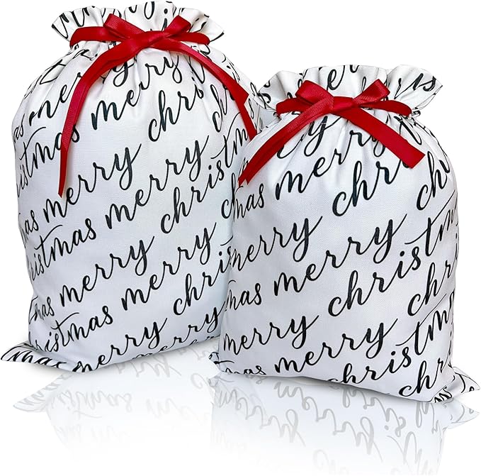 Gather & Knot Drawstring Christmas Gift Bags | 20" Large 16" Medium | Premium Canvas | Reusable Fabric Wrap for Holidays | Mix & Match | White Merry Christmas