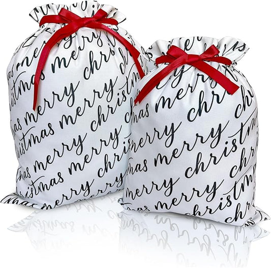 Gather & Knot Drawstring Christmas Gift Bags | 20" Large 16" Medium | Premium Canvas | Reusable Fabric Wrap for Holidays | Mix & Match | White Merry Christmas