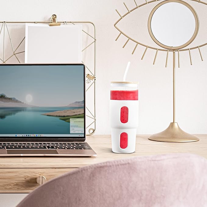 32oz Glass Tumbler with Straw & Bamboo Lid with Silicone Sleeve, Reusable Boba Smoothie Cup Iced Coffee Tumbler, Fits Cup Holder, Glass Water Bottle, BPA Free Beer Mug & Stein White.