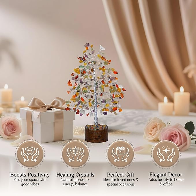 FASHIONZAADI 7 Chakra Tree of Life - Crystal Tree for Positive Energy, Feng Shui Home Decor, Wire Bonsai, Crystal Decor - Spiritual Gift, Meditation