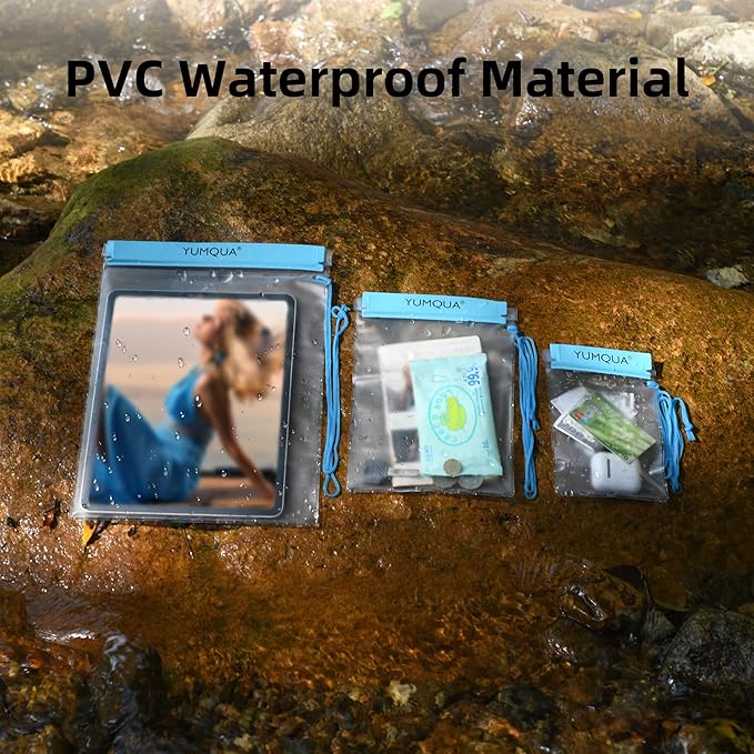 YUMQUA Clear Waterproof Bags, 3PACK Water Tight Cases Water Proof Pouch Small Dry Bags for Camera Mobile Phone Maps Pouch Kayak Military Boating Document Holder