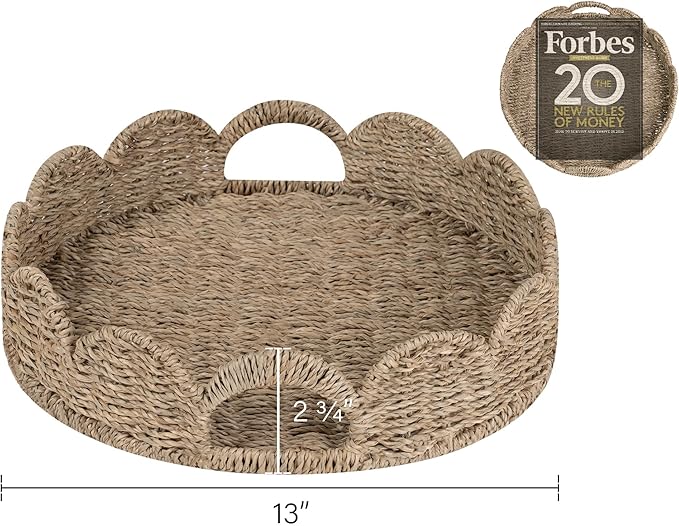 StorageWorks Round Wicker Scalloped Tray, Rattan Serving Trays with Handles, Seagrass Basket for Decorative & Organizing, 13" L x 13" W x 2.75" H
