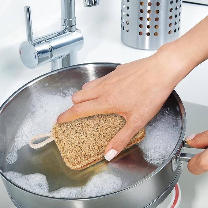 Amosfun 5pcs Natural Loofah Dish Washing Sponge Scrubber Pad Reusable Dishes Pots Cups Cleaning Scouring Pad with Hanging Rope