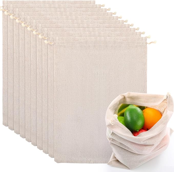 Woanger 10 Pack Reusable Produce Bags - X-Large 12 x 16 Inch Cotton Muslin Bags with Drawstrings Washable Canvas Fabric Sacks for Bread, Bulk Produce, Shoes