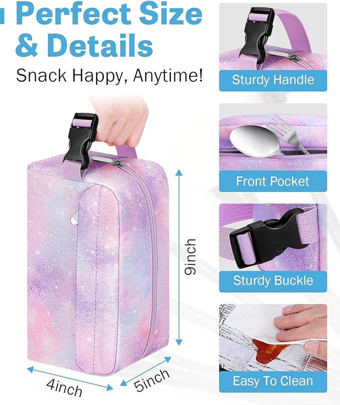 Small Insulated Snack Bag Lunch Box,Collapsible Reusable Small Lunch Bag with Snap Buckle Handle for Beach Travel Picnic,Pink Starry Sky 5-Can(3L)