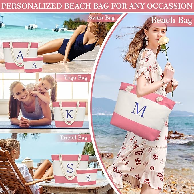 YOOLIFE Christmas Gifts for Women - Personalized Initial Canvas Beach Bags for Women Gifts for Mom Teacher Friend Birthday