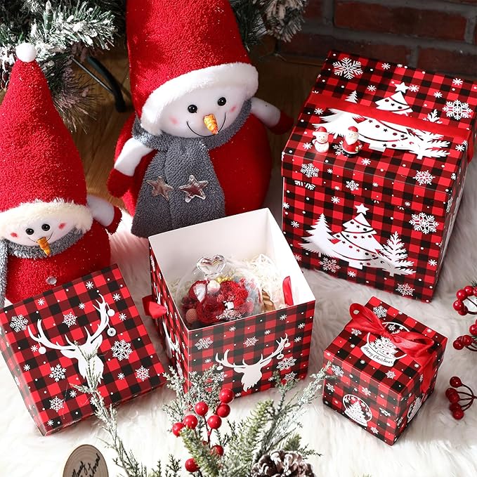 3 Pcs Christmas Nesting Gift Boxes Buffalo Plaid Xmas Stackable Boxes Black Red Decorative Xmas Nested Present Boxes with Lids and Ribbon for New Year Birthday Party Gift(Elk)