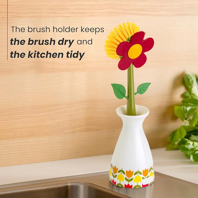 Vigar Flower Power Dish Brush with Vase Brush Holder, Dish Brush with Handle for Pot Scrubber, Dishes, Sink, and Kitchen Essentials, White, Red