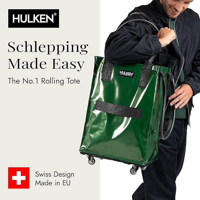 HULKEN - (Medium, Forest Green) Reusable Grocery Bag On Wheels, Shopping Trolley, Rolling Tote, Zipper Closure, Lightweight, Carries Up to 66 lb, Folds Flat, Unbreakable Handles