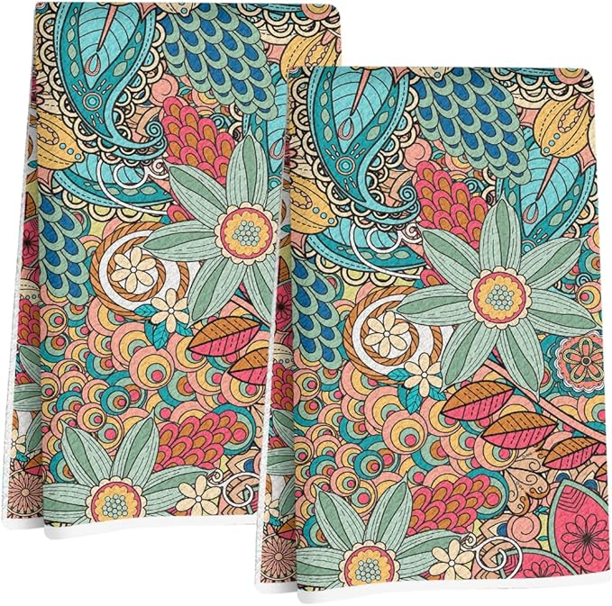 2Pcs Boho Floral Art Kitchen Towels 24x14 Inch, Vintage Flower Seamless Pattern Hand Towels for Kitchen Home Farmhouse Decor, Absorbent Microfiber Dish Cloth Tea Towel, Housewarming Gifts for Women