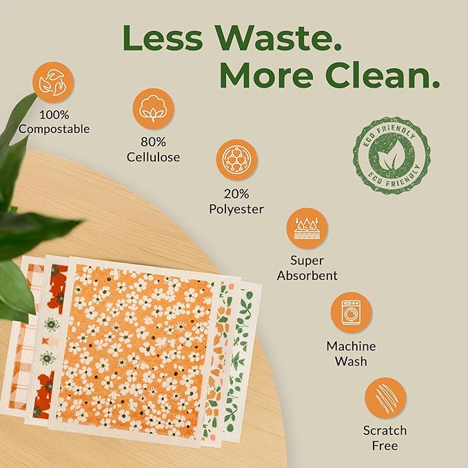 MosJos Swedish Dishcloths, Vintage Plant-Based Cellulose, 6.7x7.5 Inch, Super Absorbent, Multi-Surface, Machine Washable, Reusable, 5 Pack (Orange Green)