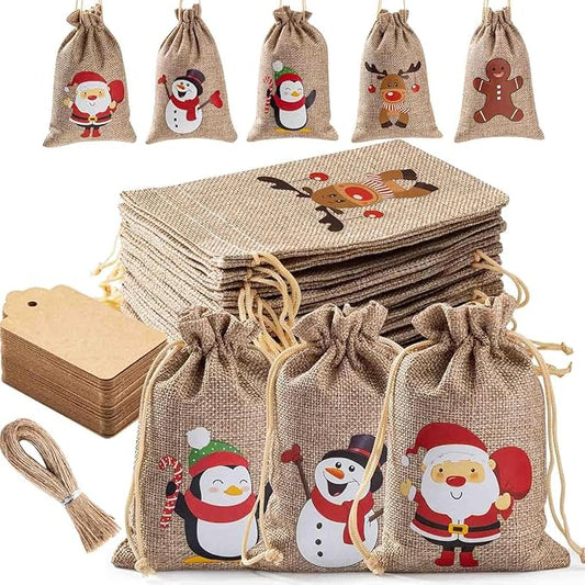 Homum 25 Pcs Christmas Burlap Gift Bags with Drawstring and Tags - 7x9 Inch Tiny Small Gift Bags for Xmas Candy and Christmas Supplies