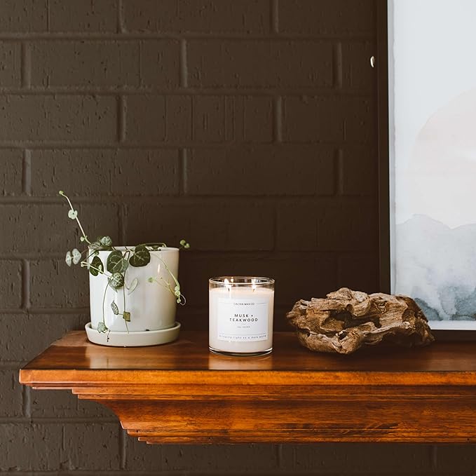 Calyan Wax Co. Musk & Teakwood 2 Wick Scented Candle - 37 Hour Burn - Luxury Non Toxic Soy Wax Candles - Long Lasting Large Glass Jar Candle for Home - 8.8oz