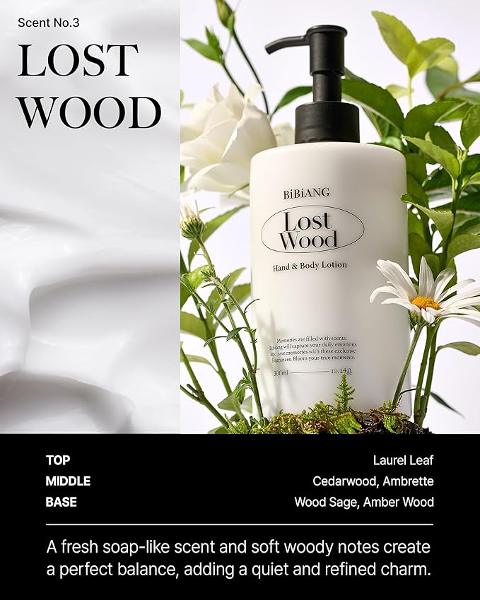 Lost Wood Body Lotion - Korean Body Care for Moisturizing & Nourishment - Hydrating Body Care Formula with Woody Soap Scent, Shea Butter & Jojoba Oil - 10.82 fl.oz