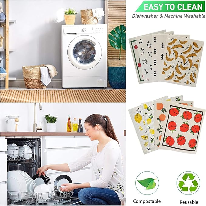 Reusable Swedish Dish Cloths | 8 Pack Absorbent Non Scratch Cellulose Cotton Cleaning Towels | Quick Dry Washable Eco Kitchen Wipes for Dishwashing Home Surfaces and Everyday Cleanup