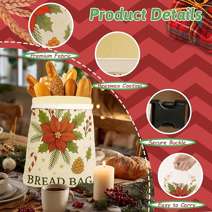 Christmas Beeswax Bread Bags Set – 2 Reusable Bread Bags + 3 Wax Paper Sheets,Eco-Friendly Beeswax Wraps for Food,Homemade Sourdough,Cheese,Snacks & Fruit,Holiday Gift for Bakers Kitchen Lovers