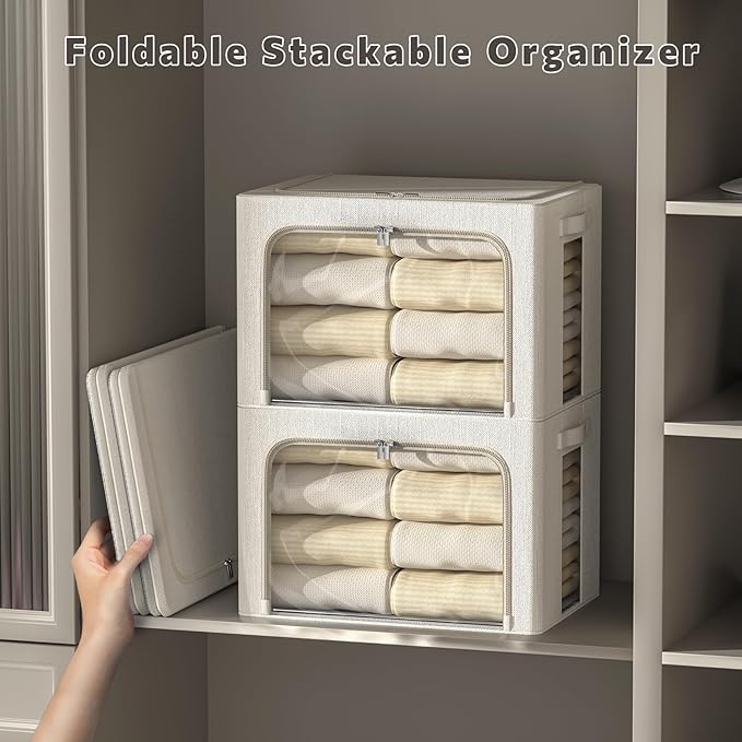 FHSQX 6 Pack Clothes Storage Bins with Metal Frame Foldable Storage Bins for Clothes Linen Fabric Storage Box with Clear Window (Lvory White, 19.7x15.7x13inch(66L))