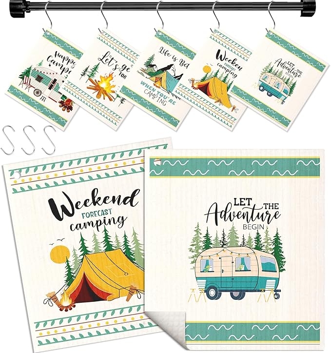 Swedish Dishcloths for Kitchen with Hooks - Reusable Dish Cloths for Washing Dishes Fast Drying Cute Fun 5 Pack Swedish Dish Towels Washable Cleaning Sponge, Green Camping