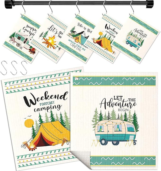 Swedish Dishcloths for Kitchen with Hooks - Reusable Dish Cloths for Washing Dishes Fast Drying Cute Fun 5 Pack Swedish Dish Towels Washable Cleaning Sponge, Green Camping