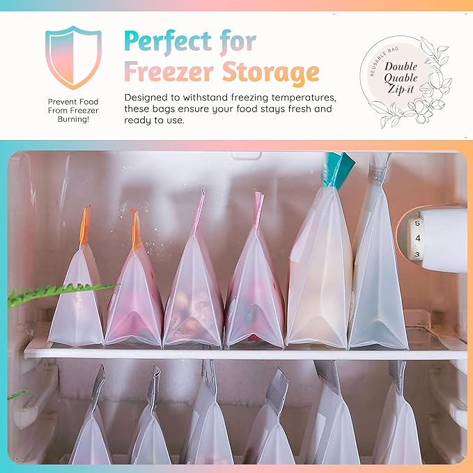 Reusable Food Storage Bags – 6-Pack Stand-Up, BPA-Free, Freezer, Dishwasher Safe & Eco-Friendly – 6 Gallon Bags – Airtight Leakproof, Organization and Storage Baggies (Grey)