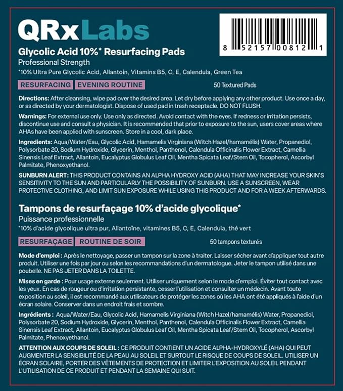 QRxLabs Glycolic Acid Pads - 10% Resurfacing Pads AHA for Face & Body - Exfoliates Skin Surface and Reduces Apperance of Fine Lines and Wrinkles - Daily Pads - 50ct