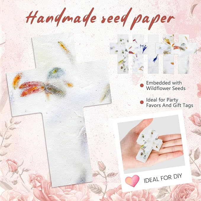 50 Pcs Handmade Seed Paper Plantable Wildflower Seed Paper Recycled Flower Petals Tags Wedding Favors for Guests Craft Gifts Cards for Envelope Birthday Party, 5 Styles (Cross)