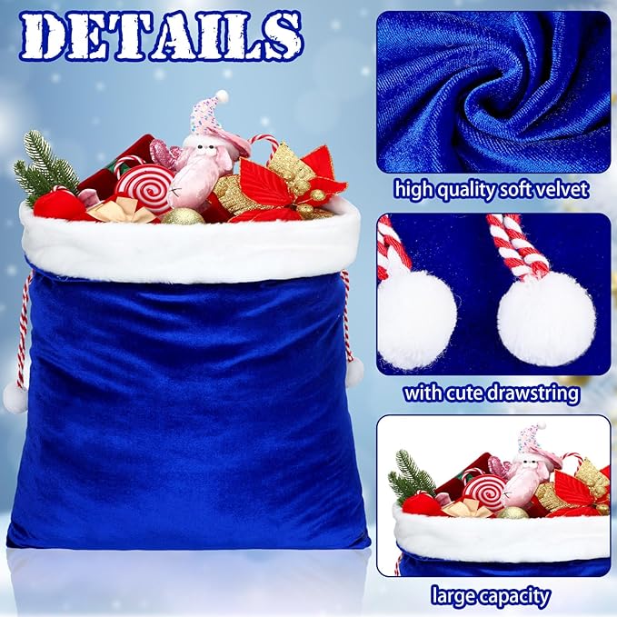 Shappy 2 Pieces Christmas Velvet Santa Bags with Drawstring in 2 Size Large Christmas Bags Santa Gift Sack for Xmas Playing Present Toy(Royal Blue)