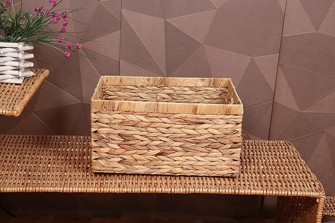 Rectangular Woven Water Hyacinth Storage Baskets with inside Handle for Shelves Bathroom Kitchen Office Desk (Style A)