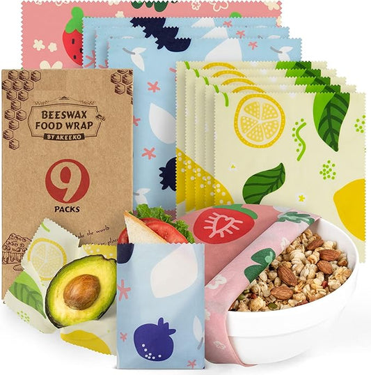 Akeeko Reusable Beeswax Food Wraps - Assorted 9 Packs, Reusable, Plastic-Free Food Storage, 4 Small, 3 Medium, 2 Large Wraps with Assorted Fruits Pattern