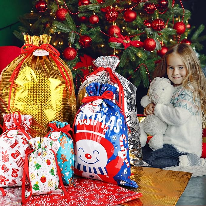 POPGIFTU 40-Pack Christmas Drawstring Gift Bags – 8 Festive Designs | Reusable Foil Holiday Wrapping Bags with Tags | Assorted XL/L/M/S Santa Xmas Gift Bags