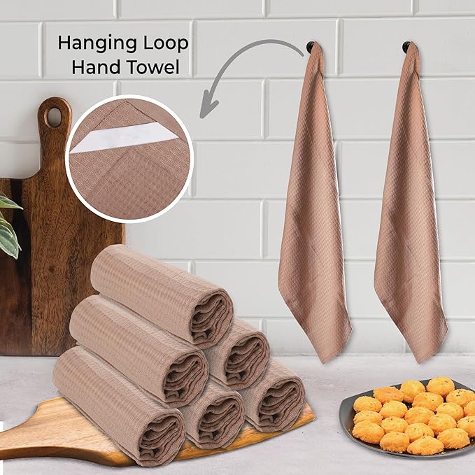 Urban Villa Waffle Dish Towels - Tan Color Set of 6 Highly Absorbent Cotton Towels - Oversized 18x28 with Mitered Corners