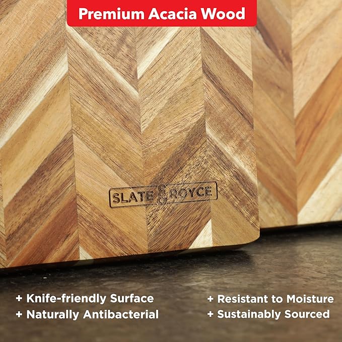 SLATE & ROYCE Acacia Wood Cutting Board Set of 2 - Herringbone Pattern Kitchen Boards - Large & Small Square Wooden Cutting Boards - Premium Charcuterie Boards - Serving Tray - With Gift Box