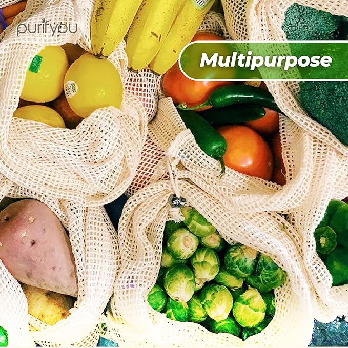purifyou Premium Organic Cotton & Heavy Duty Mesh Produce Bags - Set of 9| Reusable, Double-Stitched, Drawstring Bags for Fruits, Vegetables, Snacks, and Grocery Storage | Raw & Unbleached, Washable.