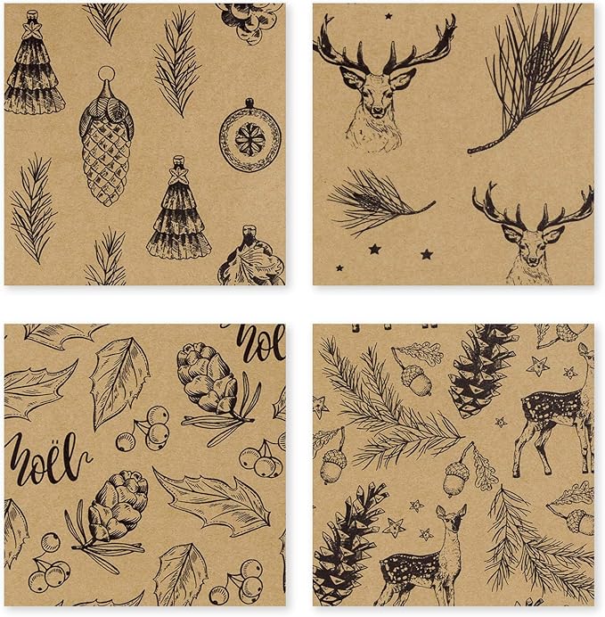 RUSPEPA Christmas Wrapping paper - Brown Kraft Paper with Black Christmas Elements Print Paper - 4 Roll-30Inch X 10Feet Per Roll