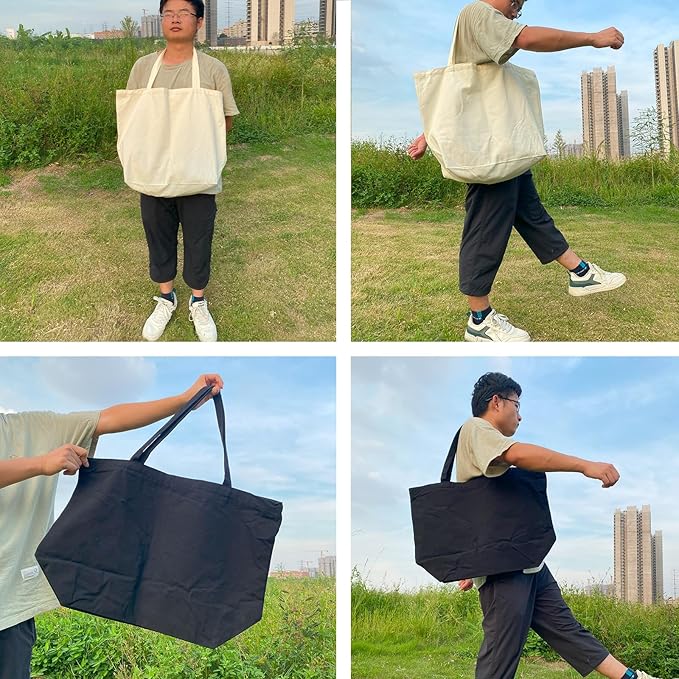 Koolmox 6-PACK 22x16x7.8'' Extra Large Canvas Tote Bags Bulk 12Oz Thick Heavy Duty Reinforced Handles, Blank Black Canvas Grocery Bag Multi Purpose Tote Travel Beach Tote bag Shopping Bags