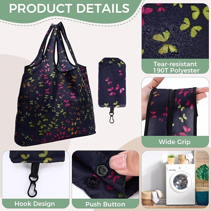 Tanlade 50 Pcs Reusable Grocery Bags Large Foldable Polyester Tote Bag Heavy Duty Washable Shopping Bags with Pouch Attached