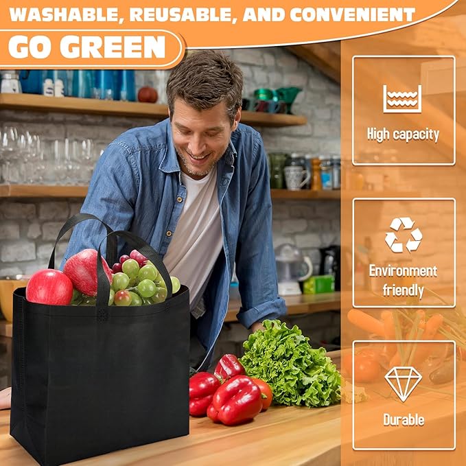 Windyun Reusable Grocery Bags Large Non Woven Shopping Bags with Handles Foldable Portable Tote Bulk, 12.6 x 11.8 x 6.3 Inch