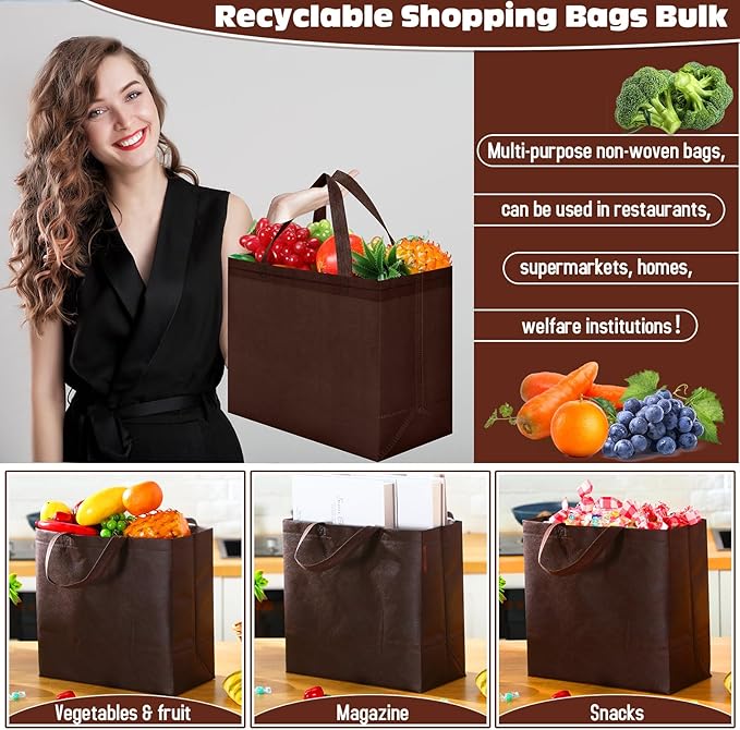 Windyun Reusable Grocery Bags Large Non Woven Shopping Bags with Handles Foldable Portable Tote Bulk, 12.6 x 11.8 x 6.3 Inch