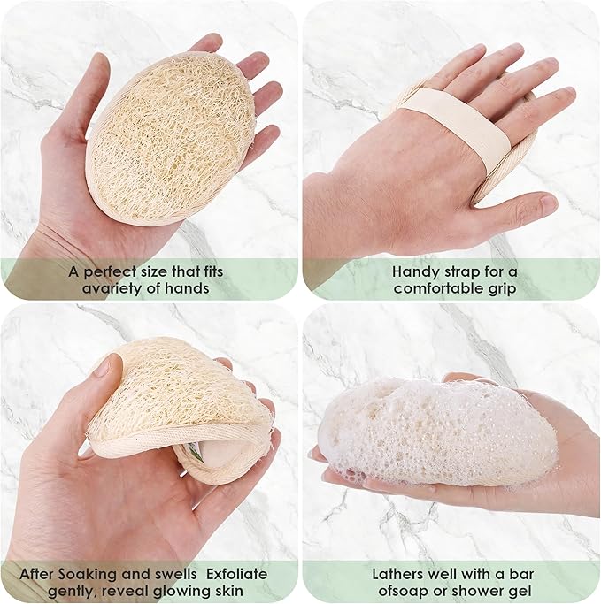 Natural Loofah Sponge Exfoliating Body Scrubber, Organic Biodegradable Eco-Friendly Bath Luffa for Shower, Gentle Deep Clean for All Skin Types, Men & Women, Thin/Thick Textures, Easy-Dry Hanging Rope