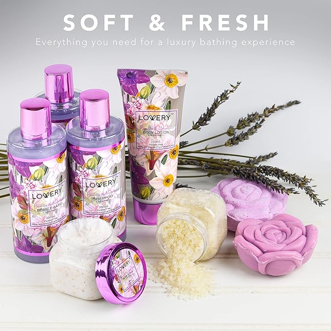 Christmas Gift Sets For Women, Gift Basket for Women & Men, Bath and Body Gift Basket, 13pc Vanilla Lavender Home Spa Set, Body Lotion, Bath Bomb, Shower Gloves Gift for Mom Thank You Birthday Gifts