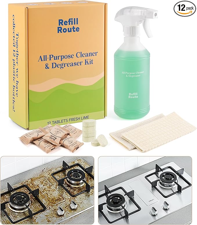 Heavy-Duty Kitchen Degreaser & Multi-Surface Cleaner – 12 Tablets Kit (12 x 16 fl oz) Eco-Friendly, Grease-Destroying Formula for Kitchen, Stove – Refillable Splash Spray Bottle