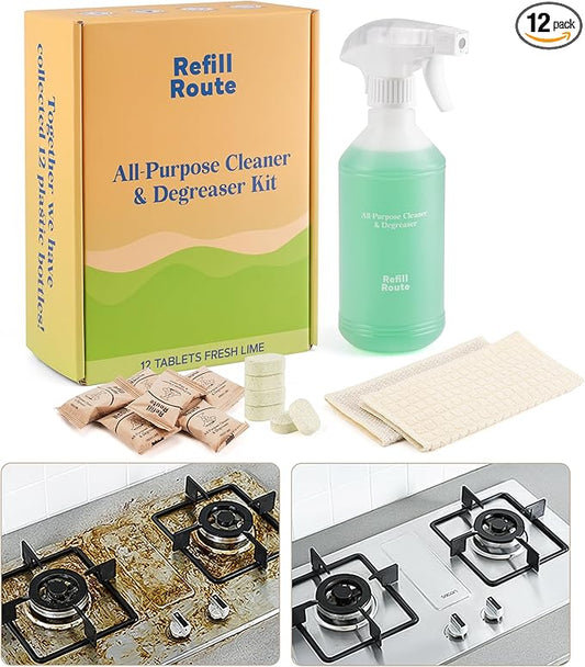 Heavy-Duty Kitchen Degreaser & Multi-Surface Cleaner – 12 Tablets Kit (12 x 16 fl oz) Eco-Friendly, Grease-Destroying Formula for Kitchen, Stove – Refillable Splash Spray Bottle