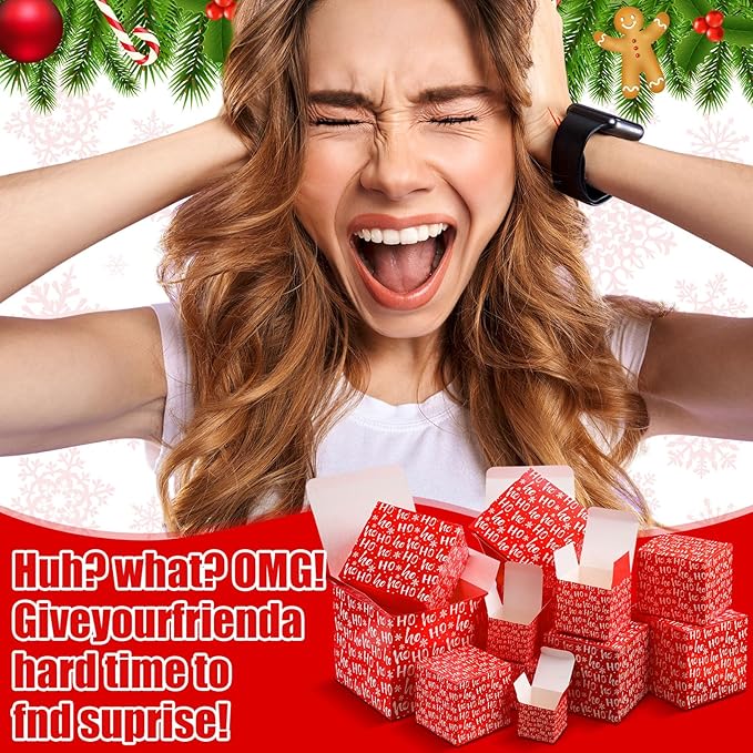 TecUnite 12 Pcs Christmas Prank Gift Box Nesting Gift Boxes Funny Prank Boxes for Xmas Birthday Wrapping, 1.9-6.3 Inch (Hohoho)