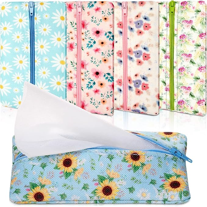 5 Pieces Tissues Purse Pocket Tissue Holder Reusable Travel Pouch Fabric Zipper Enclosed Small Size Daisy Pattern Holder for Purse Coins for Summer, 5.25 x 3 Inches (Summer Flower)