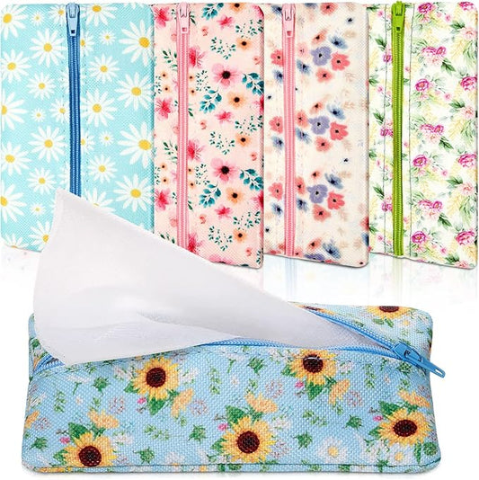 5 Pieces Tissues Purse Pocket Tissue Holder Reusable Travel Pouch Fabric Zipper Enclosed Small Size Daisy Pattern Holder for Purse Coins for Summer, 5.25 x 3 Inches (Summer Flower)
