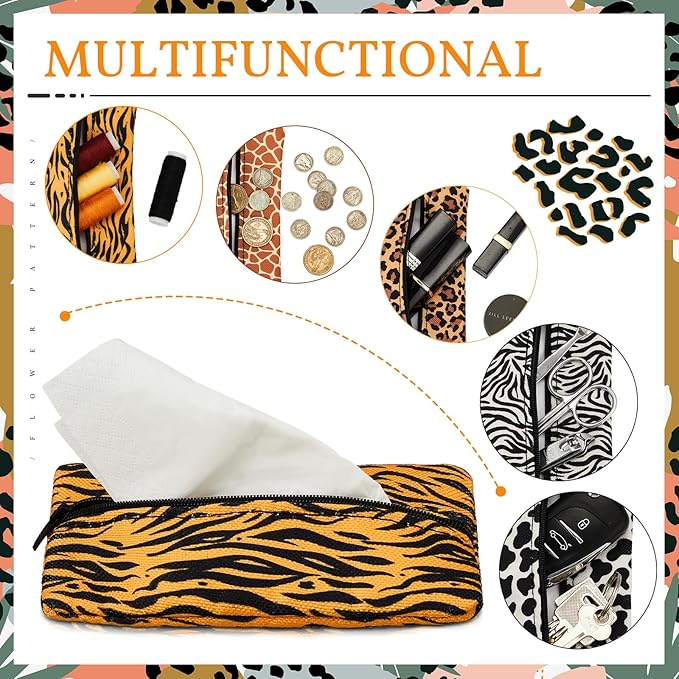 Sherr 5 Pcs Tissues Purse Pocket Holder Reusable Travel Pouch Fabric Zipper Enclosed Small Size Leopard and Zebra Print Pattern Tissue Holder for Purse Coins for Christmas