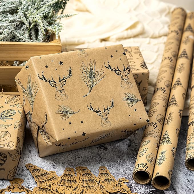 RUSPEPA Christmas Wrapping Paper Set - 4 Rolls of Kraft Wrapping Paper (30 Inches x 10 Feet Per Roll) with 8 Gift Bows, 1 Spools of Bakers Twine, Jute String, 30 Stickers and 30 Gift Tags - Black