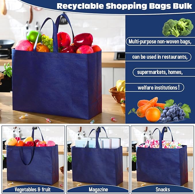 Windyun Reusable Grocery Bags Large Non Woven Shopping Bags with Handles Foldable Portable Tote Bulk, 16x6x12 Inch