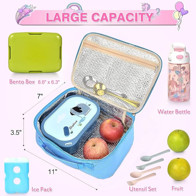 Lunch Box Kids, 11" L x 7" W x 3.5" H, Waterproof Reusable Insulated Lunch Bag for Girls, Cooler Bento Boxes Containers & Snacks for Elementary School Travel