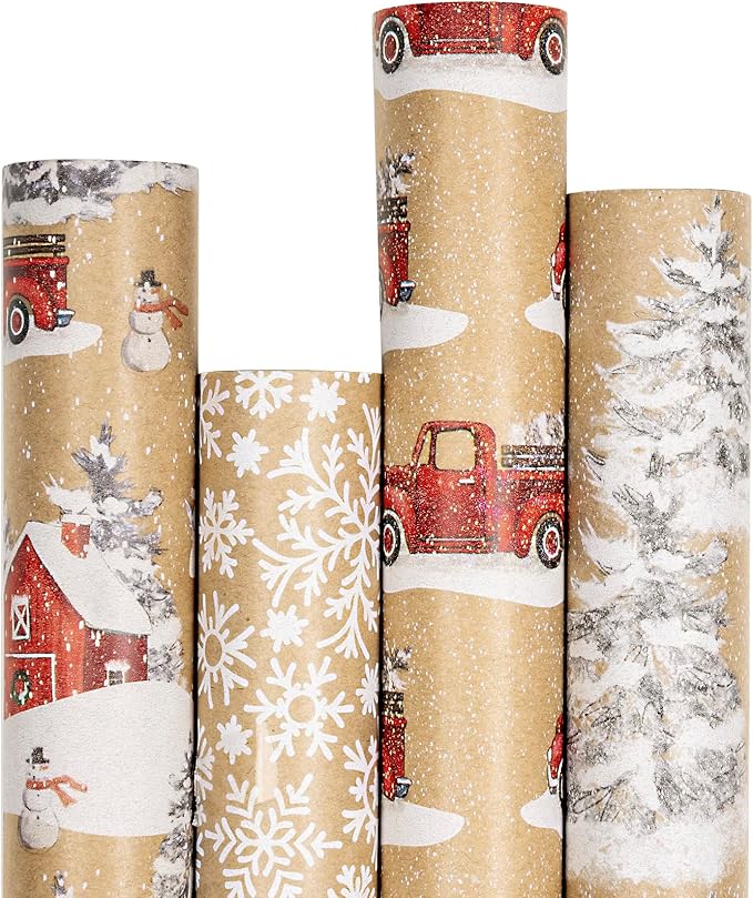 RUSPEPA Christmas Wrapping Paper, Kraft Paper - Snowflake, Snowman, Red Truck and Christmas Tree - 4 Rolls - 30 inches x 10 feet per Roll